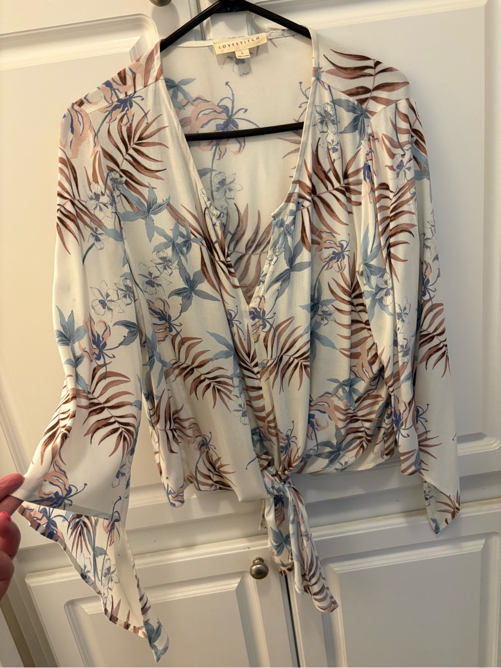 Lovestitch Cream Blouse with Blue Floral & Brown Palm Print Tie Front